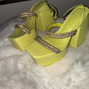 Green Platform Sandals with Chunky Heel and Glitter Straps